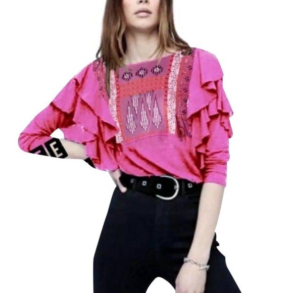 Free People Boho La Cienga Embroidered Ruffle Tunic Top Sz S NWT $88 - Picture 1 of 7